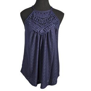 NWT | Navy Blue Eyelet & Crochet Lace Halter Neck Tank Top | Small